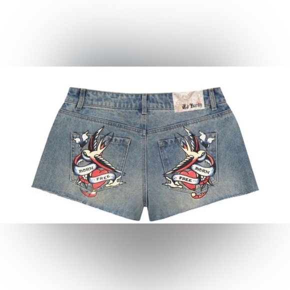Ed Hardy Swallow Light Tint Denim jeans raw hem cut off Shorts  WEHD8000-5 sz M - Picture 3 of 7